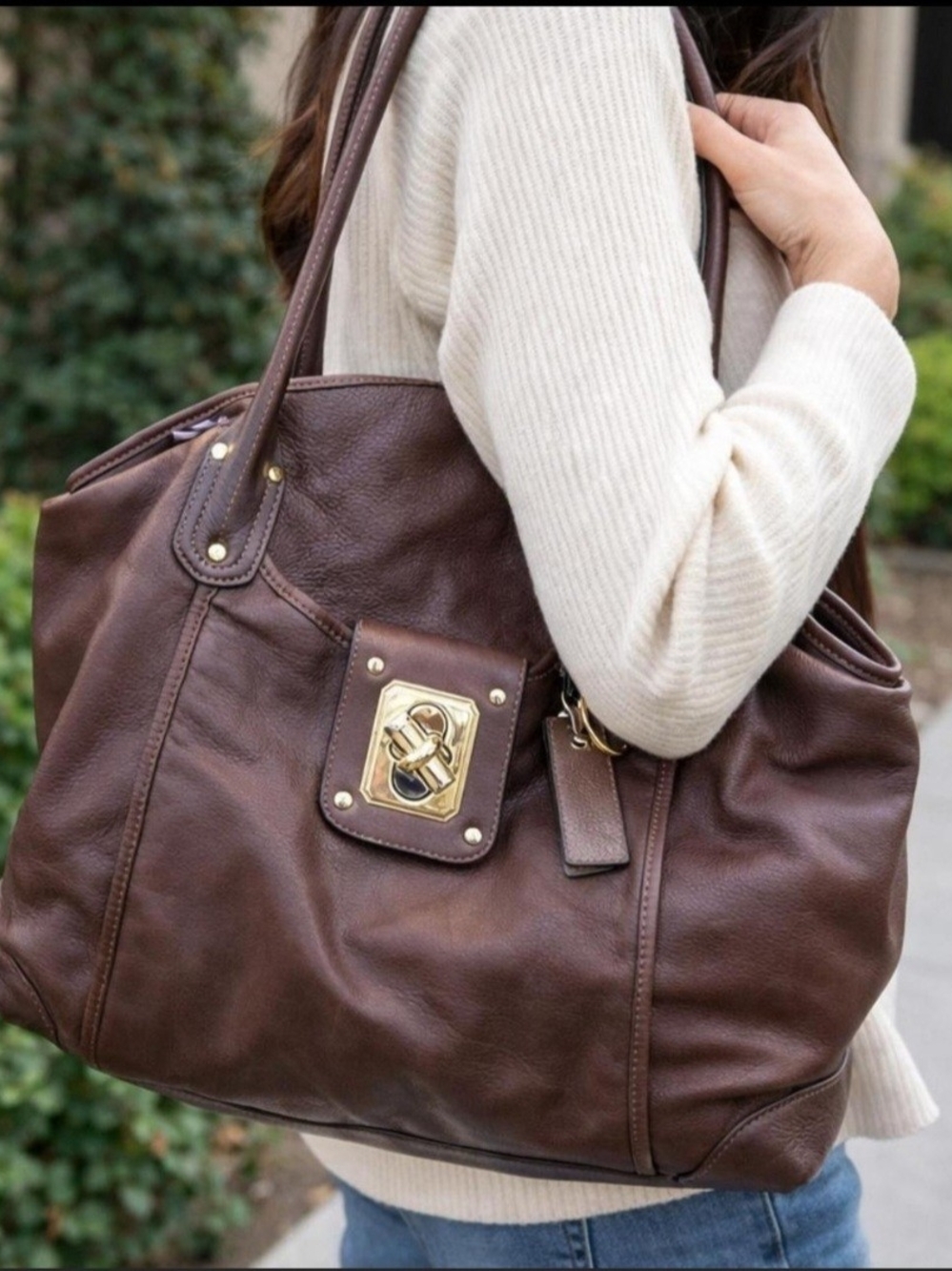 B.Makowsky Everyday Brown Leather Shoulder Tote with Gold Accent